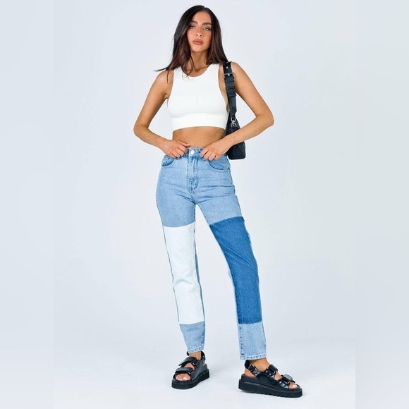 Princess Polly Cofield Patch Denim Mom Jeans High Waisted Size 4 - Picture 8 of 8